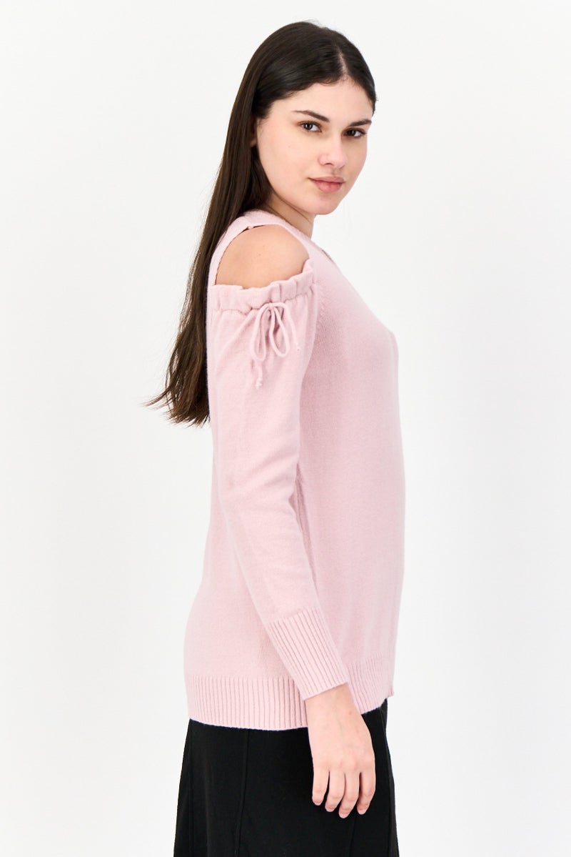 POOF سويت شيرت نسائي بياقة دائرية وأكتاف مكشوفة، وردي - Image 2