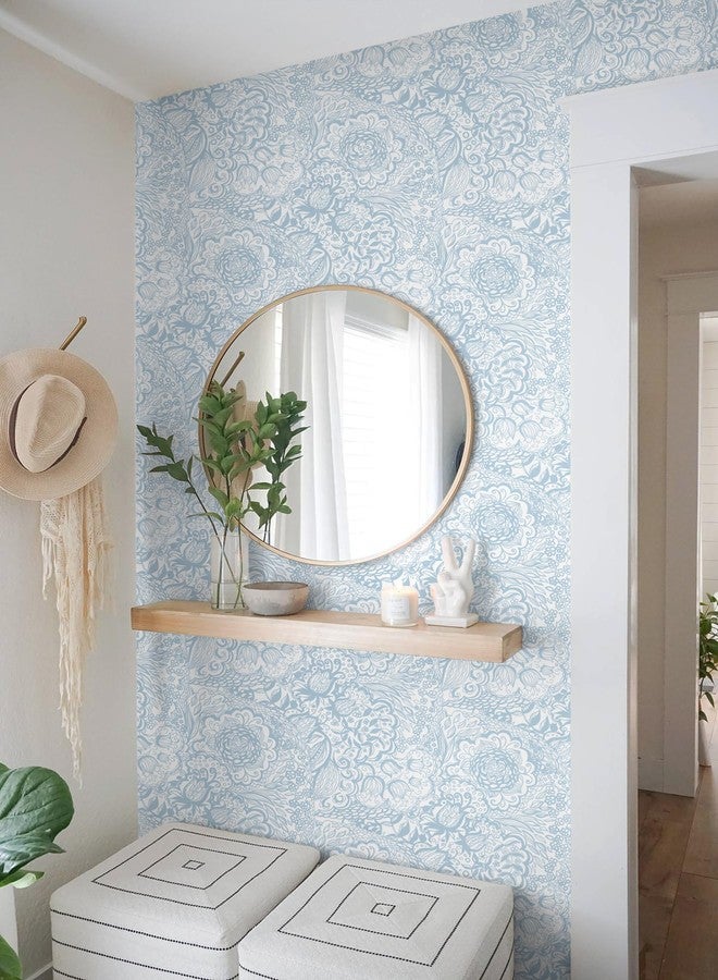 Micpolo Peel and Stick Wallpaper Boho Blue Wallpaper Blue and White Floral Wallpaper for Bedroom Bathroom Removable Self-adhsive Contact Paper for Cabinets Nursery Wallpaper Shelf Liner 17.3" x 118" - Image 3