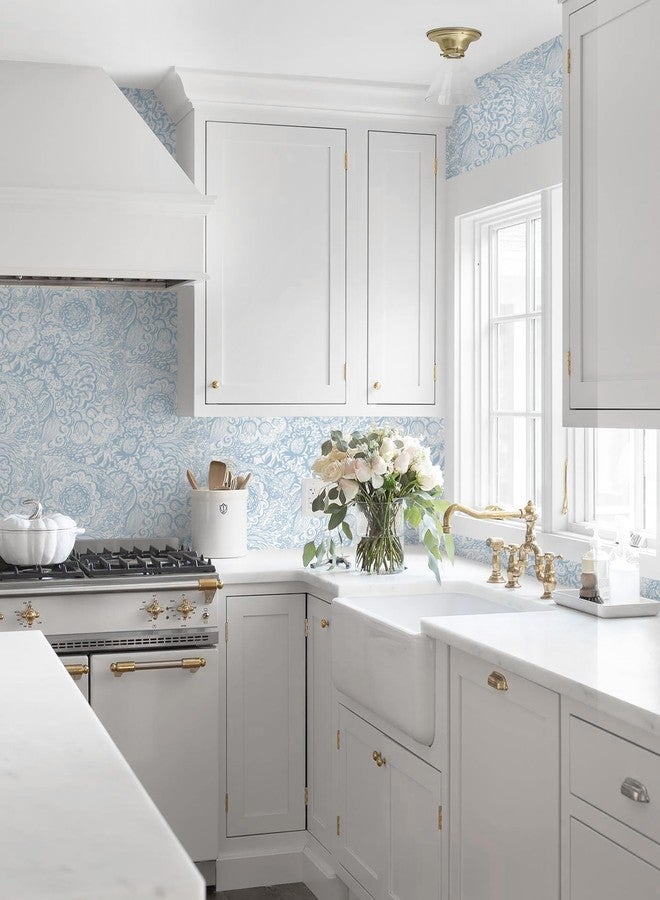 Micpolo Peel and Stick Wallpaper Boho Blue Wallpaper Blue and White Floral Wallpaper for Bedroom Bathroom Removable Self-adhsive Contact Paper for Cabinets Nursery Wallpaper Shelf Liner 17.3" x 118" - Image 5
