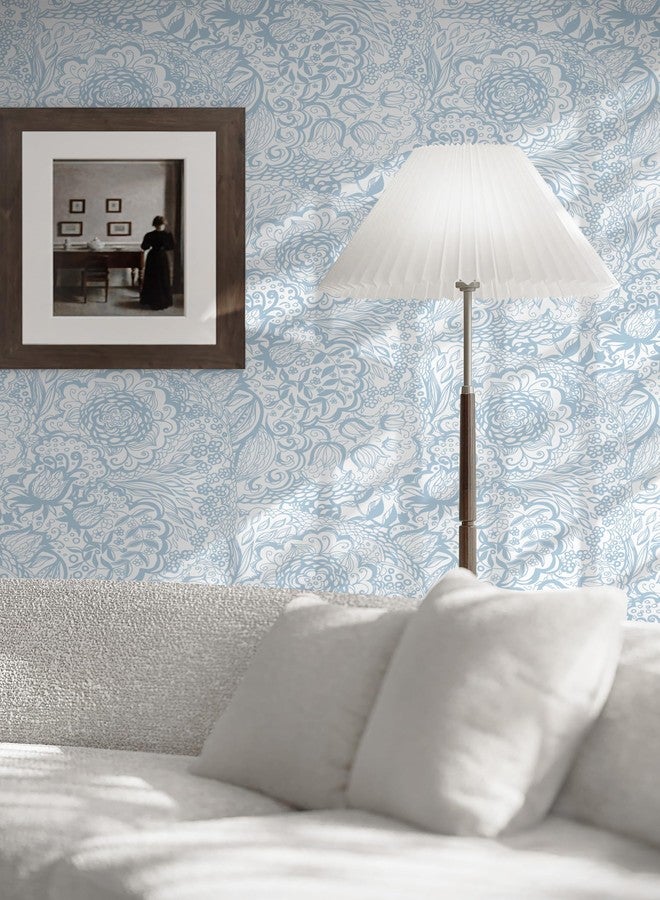 Micpolo Peel and Stick Wallpaper Boho Blue Wallpaper Blue and White Floral Wallpaper for Bedroom Bathroom Removable Self-adhsive Contact Paper for Cabinets Nursery Wallpaper Shelf Liner 17.3" x 118" - Image 2