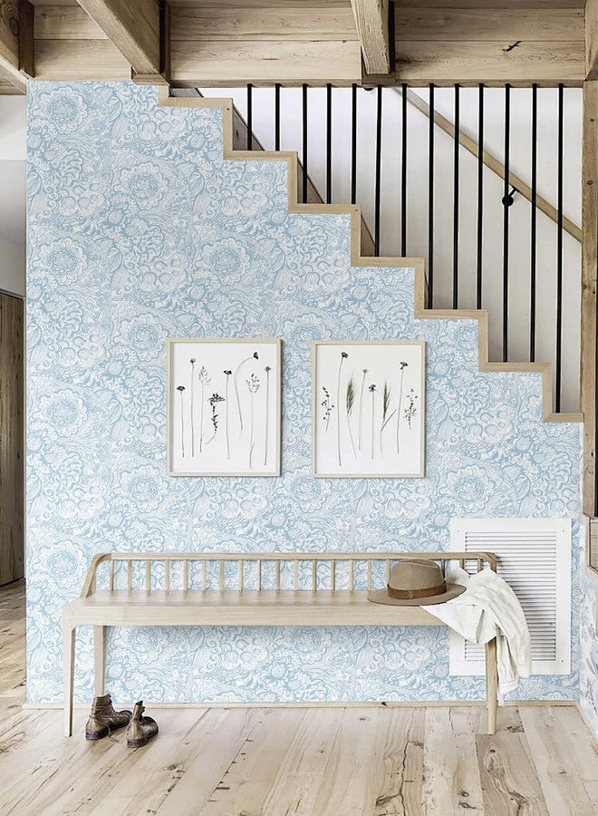 Micpolo Peel and Stick Wallpaper Boho Blue Wallpaper Blue and White Floral Wallpaper for Bedroom Bathroom Removable Self-adhsive Contact Paper for Cabinets Nursery Wallpaper Shelf Liner 17.3" x 118" - Image 4