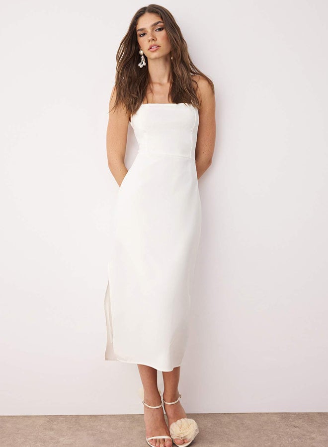 trendyol White Lined Bodycon Slit Detailed Midi Woven Dress - Image 2