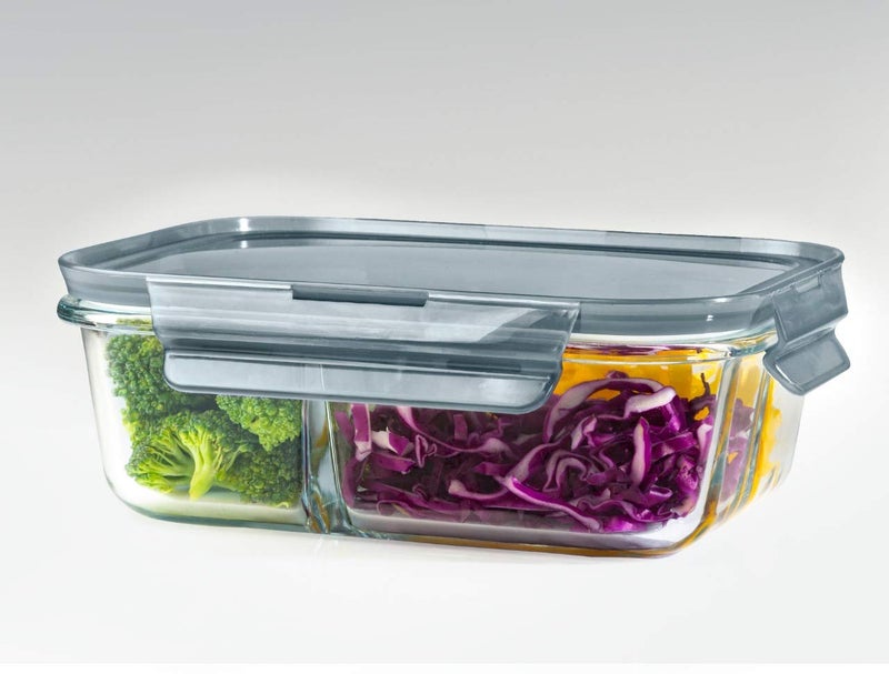 VILON Italian Premium Rectangular Glass Lunch Box with Clamp Plastic Lid Food Storage Container 1000ml 3 Compartment 1 Piece - Image 4