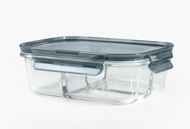 VILON Italian Premium Rectangular Glass Lunch Box with Clamp Plastic Lid Food Storage Container 1000ml 3 Compartment 1 Piece - Image 1