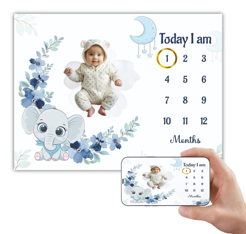 Hoolloomooloo Baby Monthly Milestone Blanket 112 Months Soft Elephant Floral Design Ideal for Newborn Boys Girls Perfect Growth Tracker Photoshoot Prop with Floral Wreath 120x90 cm