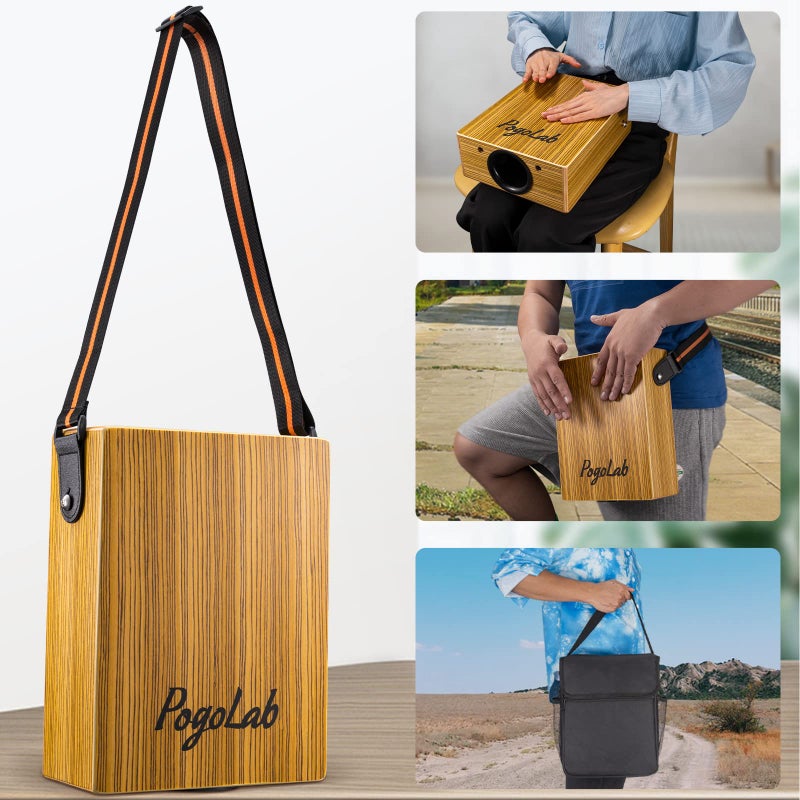 POGOLAB Travel Cajon Drum, Portable Adjustable Tone Thick Wooden Cajon with Adjustable Strap & Storage Bag, Musical Hand Drum with Guitar Steel Strings, Compact Size Percussion Instrument Kit - Image 2