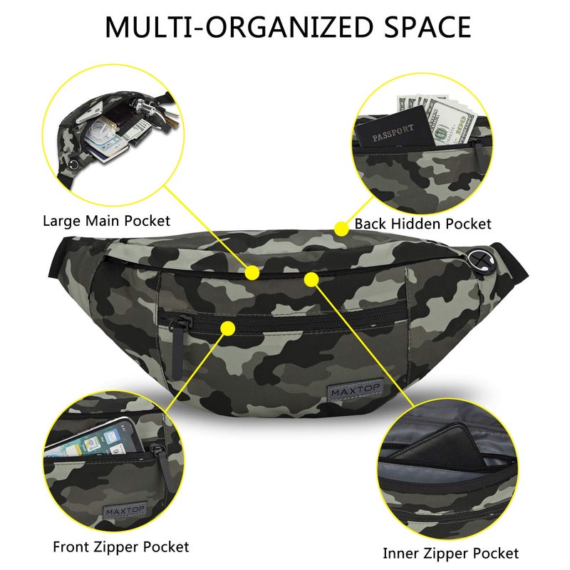 Maxtop Large Camo Fanny Pack Belt Bag with 4-Zipper Pockets Gifts for Enjoy Festival Sports Workout Traveling Running Casual Hands-Free Water-Resistant Waist Pack Bag Carrying All Size of Phones - Image 4