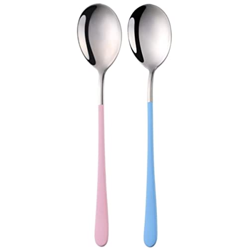 OLWICK® 2 PCS 304 Stainless Steel Round Head Soup Spoons, Modern Thick Long Handle Dinner Spoons for Soup,Dessert,Milk,Tea,Coffee, (Silver) - Image 1