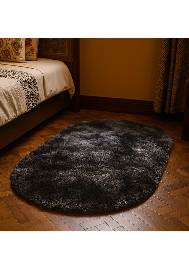 Bluejw 1-Piece Bedroom Carpet Oval Dark Grey 160 CM Soft Fluffy Area Rug for Bedroom Fuzzy Shaggy Oval Throw Rugs for Bedside, Non-Slip Cozy Plush Shag Carpet for Kids Room Nursery Dorm Living Room, 2.6 x 5.3 Feet - Image 1