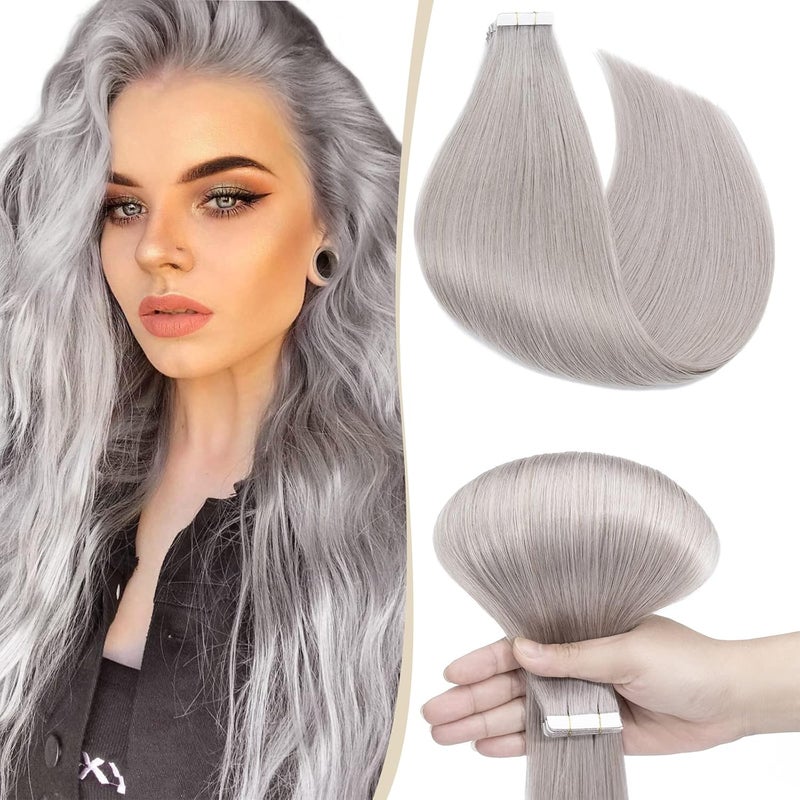 20 SEGO Tape in Hair Extensions Human Hair 10PCS25g Grey 100 Remy Real Hair Pieces for Women Invisible Skin Weft Straight 25g