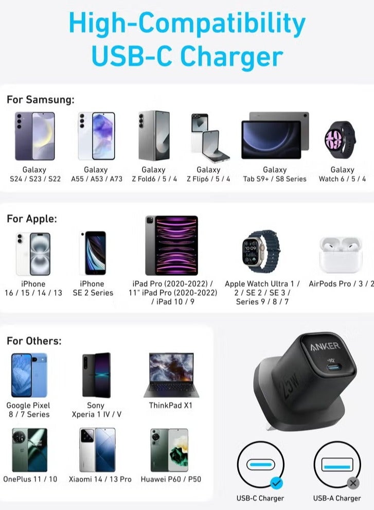 AnkerWork 25W USB-C Fast Charger Plug with 5ft Type-C Cable Compact Foldable Wall Adapter Compatible with Samsung Galaxy, iPhone 15, Pixel, Tablets and More - Image 2