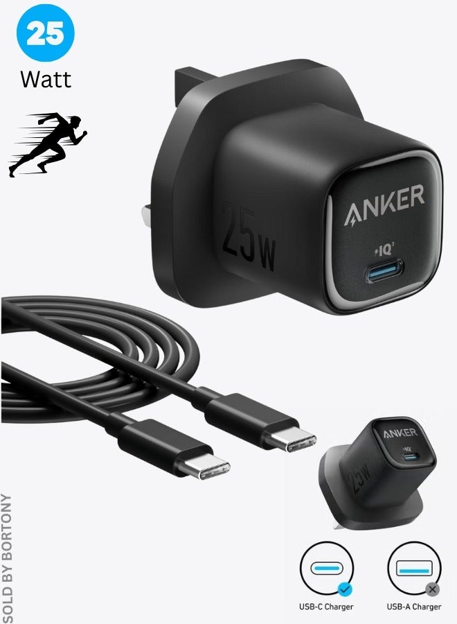 AnkerWork 25W USB-C Fast Charger Plug with 5ft Type-C Cable Compact Foldable Wall Adapter Compatible with Samsung Galaxy, iPhone 15, Pixel, Tablets and More - Image 1
