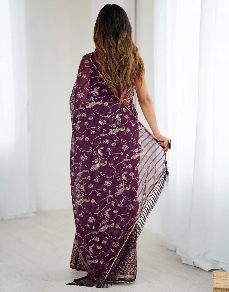 Sidhidata Women's Wine Georgette Foil Printed Floral Saree with Unstitched Blouse Piece - Image 5
