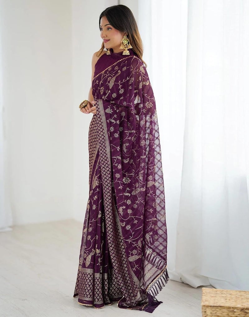 Sidhidata Women's Wine Georgette Foil Printed Floral Saree with Unstitched Blouse Piece - Image 4