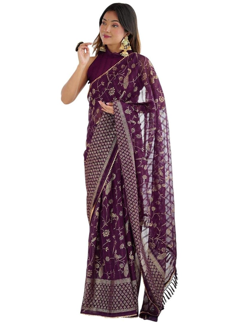 Sidhidata Women's Wine Georgette Foil Printed Floral Saree with Unstitched Blouse Piece - Image 1