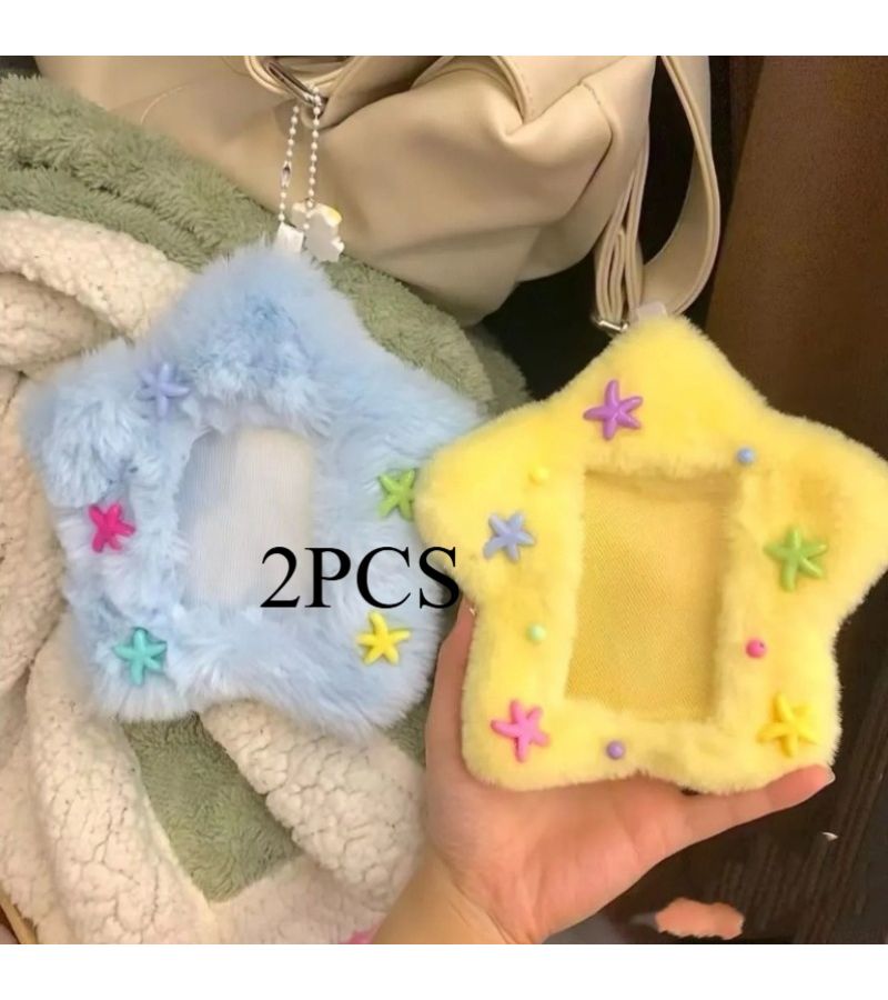 2pcs Star Plush Photo Clip Soft Polyester Fiber Random Star Color Embellishment Cute Korean Wave Idol And Bus Card Protective Cover With Colorful Fluffy Design And Hanging Ring Perfect For Picture Display - Image 1