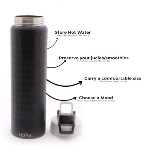 HOOM Vacuum Insulated Stainless Steel Flask Sports Sipper Water Bottle, Powder Coated with Flip-Top Cap and Hammer Finish | 600ml | Black - Image 4