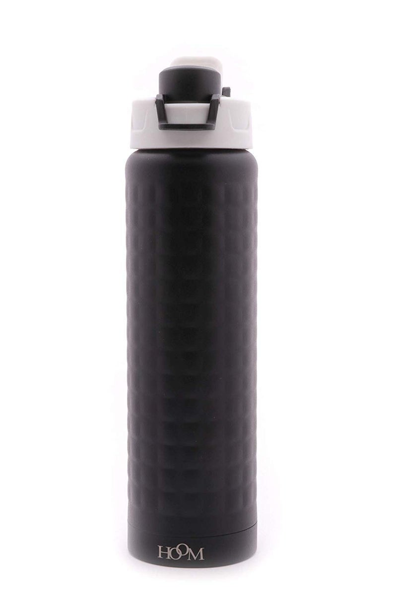 HOOM Vacuum Insulated Stainless Steel Flask Sports Sipper Water Bottle, Powder Coated with Flip-Top Cap and Hammer Finish | 600ml | Black - Image 1