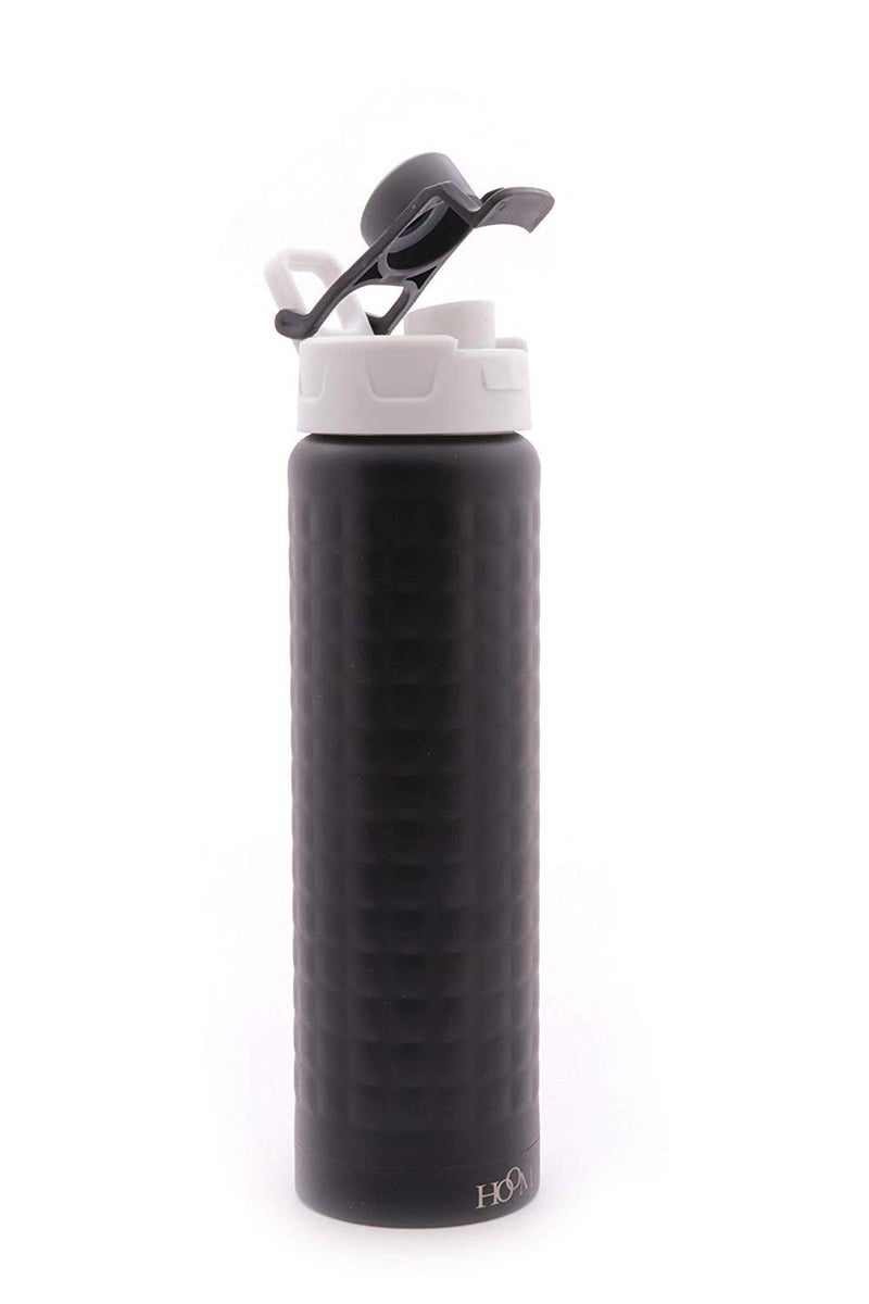 HOOM Vacuum Insulated Stainless Steel Flask Sports Sipper Water Bottle, Powder Coated with Flip-Top Cap and Hammer Finish | 600ml | Black - Image 3