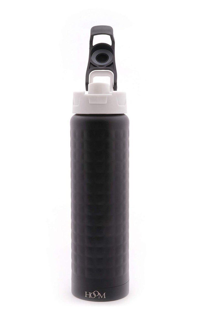 HOOM Vacuum Insulated Stainless Steel Flask Sports Sipper Water Bottle, Powder Coated with Flip-Top Cap and Hammer Finish | 600ml | Black - Image 2