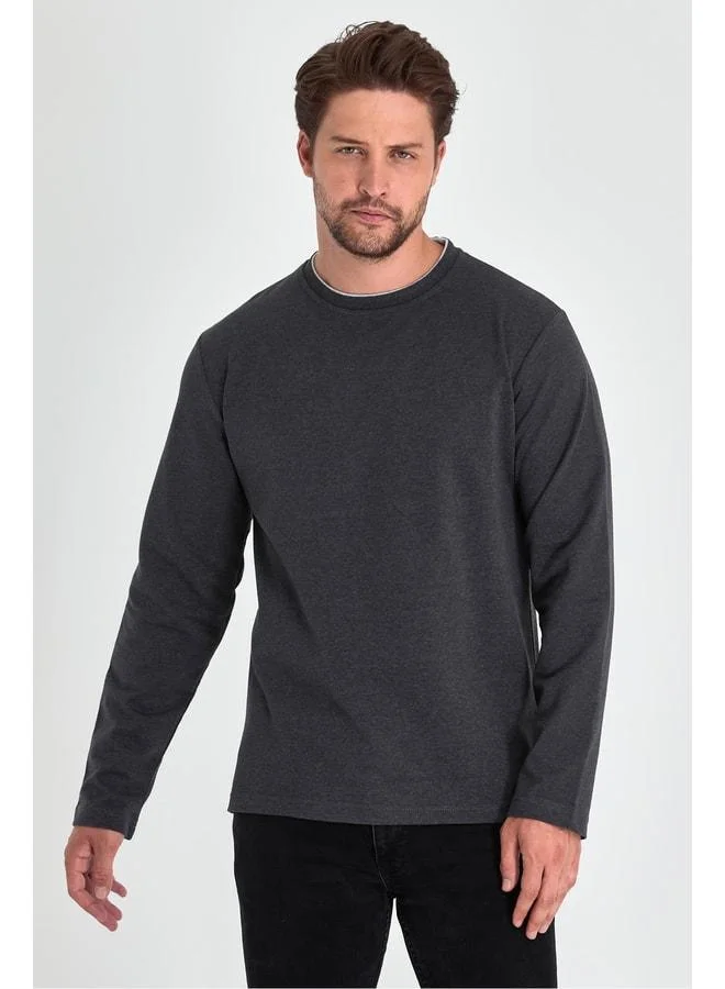 Mmetalic Men's Anthracite Double Crew Neck Standard Relaxed Fit Sweatshirt