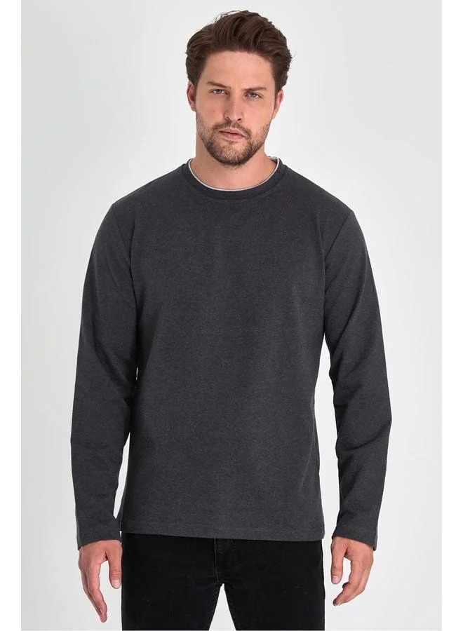Mmetalic Men's Anthracite Double Crew Neck Standard Relaxed Fit Sweatshirt