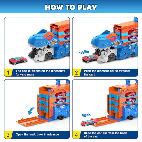 VATOS Toddler Truck Toy Ejection Folding Dinosaur Track Portable Truck Car with 8 Race Cars Best Gift Toy Cars Set for Toddlers 3 4 5 6 7 Years Old - Image 5