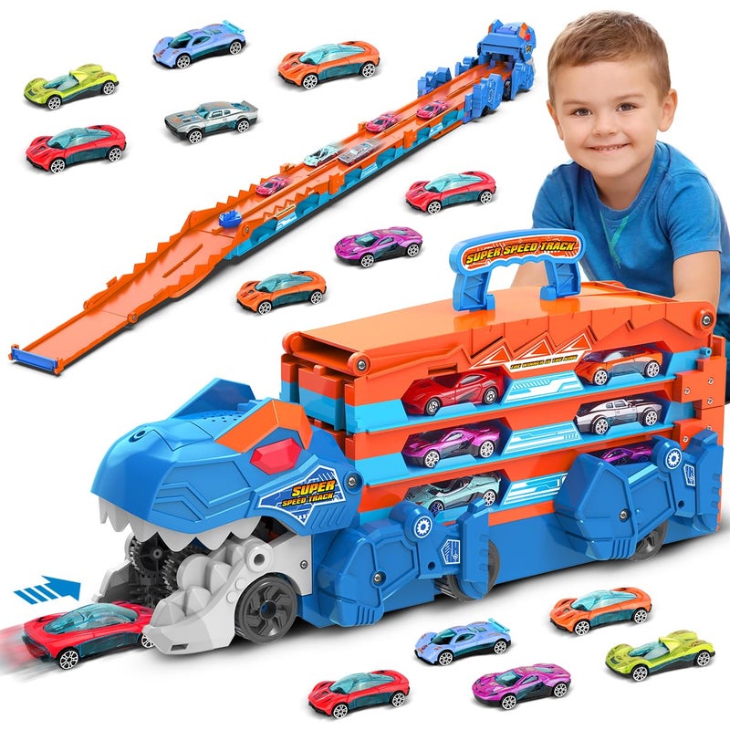 VATOS Toddler Truck Toy Ejection Folding Dinosaur Track Portable Truck Car with 8 Race Cars Best Gift Toy Cars Set for Toddlers 3 4 5 6 7 Years Old - Image 4