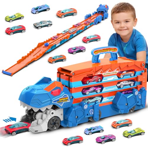 VATOS Toddler Truck Toy Ejection Folding Dinosaur Track Portable Truck Car with 8 Race Cars Best Gift Toy Cars Set for Toddlers 3 4 5 6 7 Years Old - Image 1