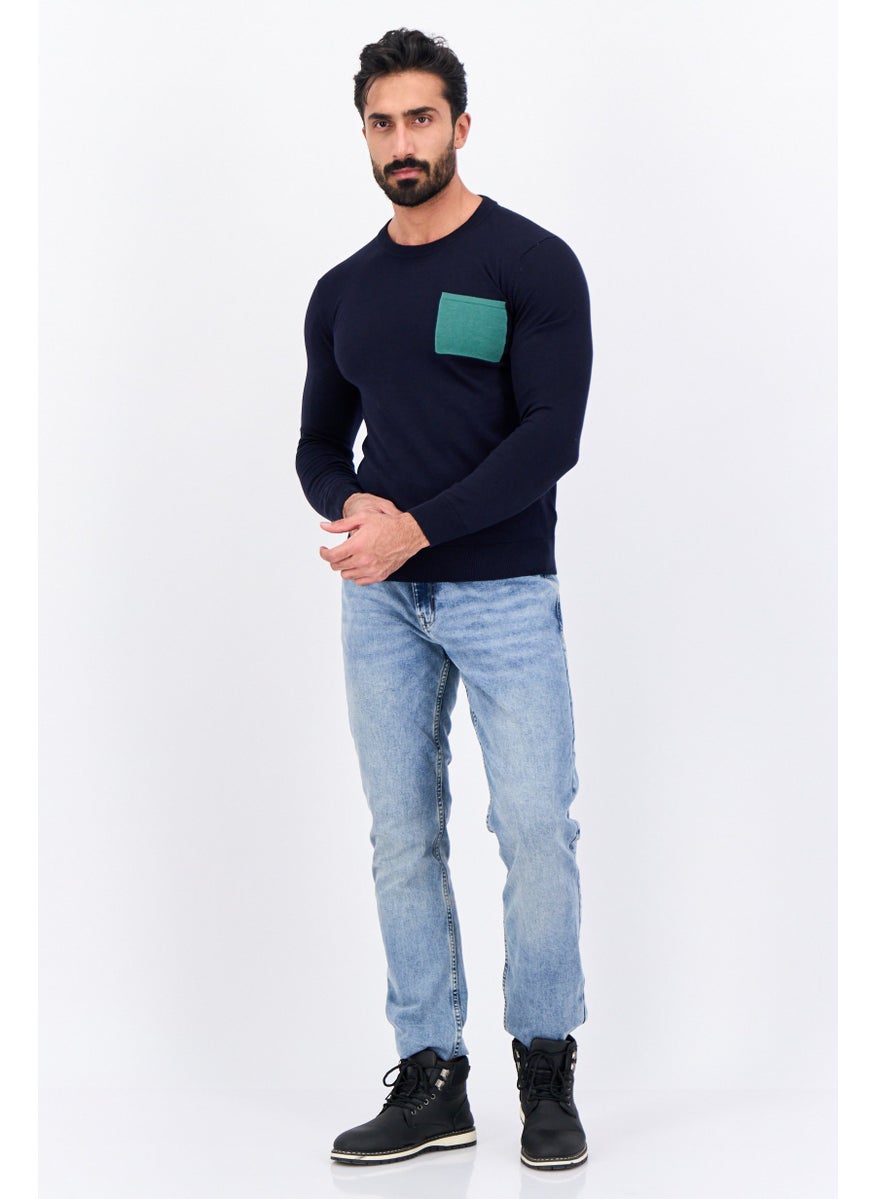 Jules Men Crew Neck Solid Long Sleeve Sweater, Navy  - Image 3