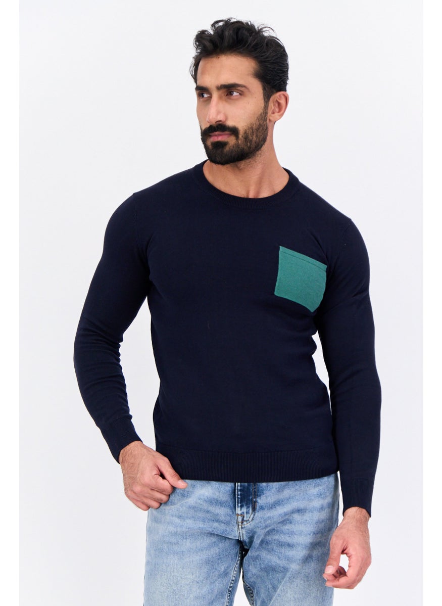 Jules Men Crew Neck Solid Long Sleeve Sweater, Navy  - Image 1