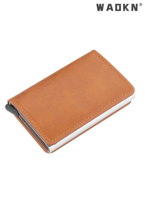 Men's High-End Anti-Theft RFID Card Holder, Compact Aluminum Alloy Box, Elastic Card Slots, Multi-Functional Portable Card Organizer (yellowish brown)
