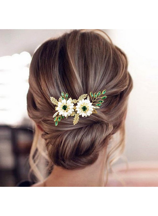 BETITETO - Green Bridal Hair Clip White Enamel Flower Gold Leaf Crystal Wedding Hair Vine Piece Accessories For Women Girls (Green) - Image 1