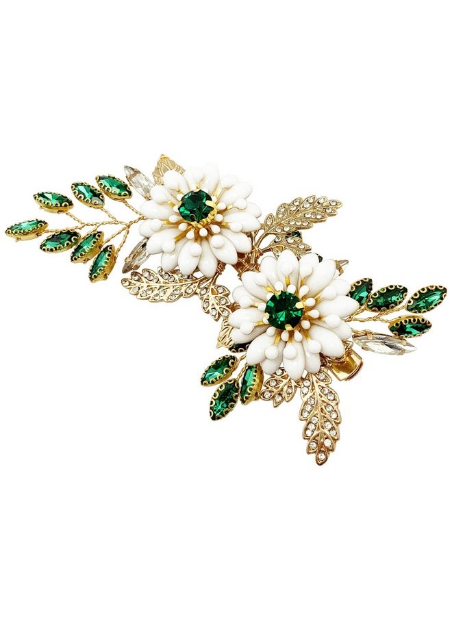BETITETO - Green Bridal Hair Clip White Enamel Flower Gold Leaf Crystal Wedding Hair Vine Piece Accessories For Women Girls (Green) - Image 1