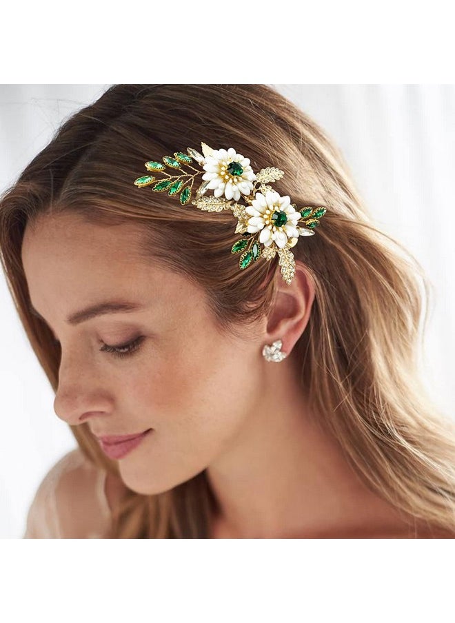 BETITETO - Green Bridal Hair Clip White Enamel Flower Gold Leaf Crystal Wedding Hair Vine Piece Accessories For Women Girls (Green) - Image 1