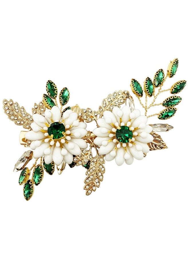BETITETO - Green Bridal Hair Clip White Enamel Flower Gold Leaf Crystal Wedding Hair Vine Piece Accessories For Women Girls (Green) - Image 1