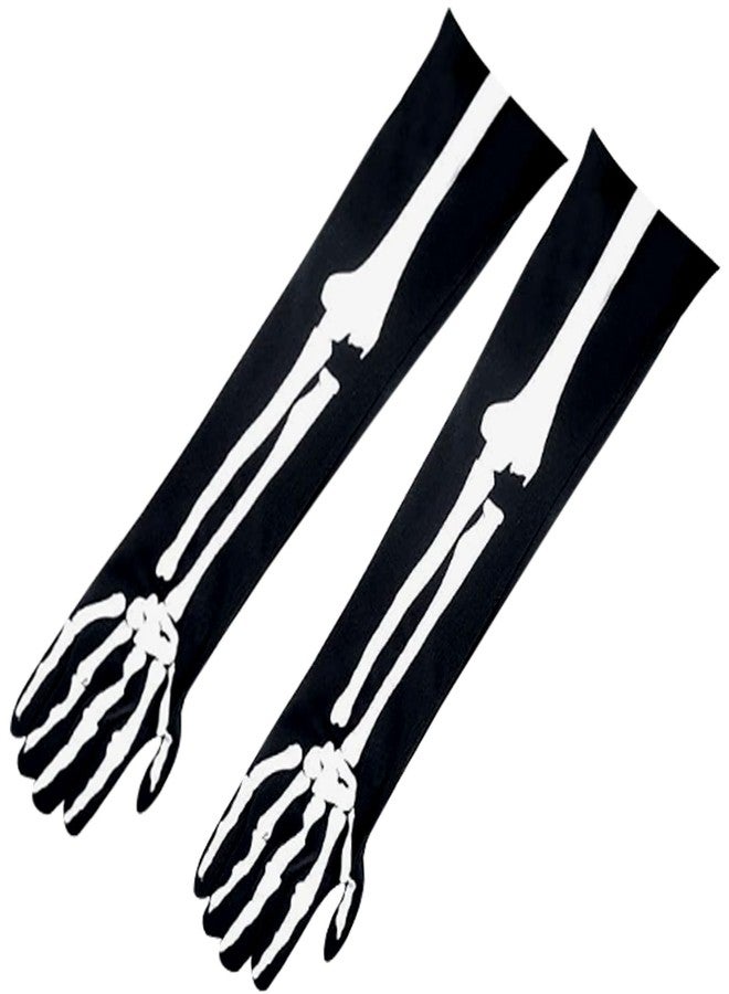 GOLDCROW Halloween Skeleton Gloves Skull Hand Print Gloves for Men and Women, Full Finger Bone Long Arm Length Gloves for Halloween Party, Dance,Haunted House Events - Image 1