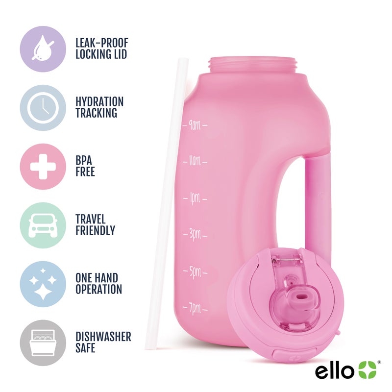 Ello Hydra 64oz Half Gallon Water Jug with Bottle Bag Handle and Motivational Time Markers for All Day Hydration, Plastic Reusable Water Bottle with Straw and Locking, Leak Proof Lid, BPA Free, Daisy - Image 2