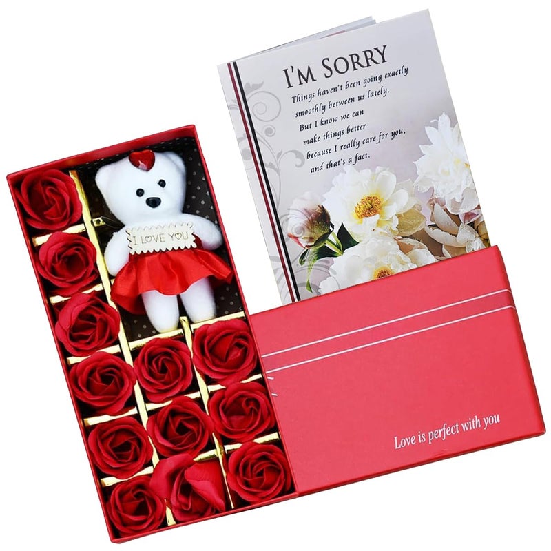Saugat Traders Sorry Gift for Girlfriend and Boyfriend - Sorry Greeting Card, 12 Red Rose and Soft Toy Love Gift Box - Apology Gifts - Image 1