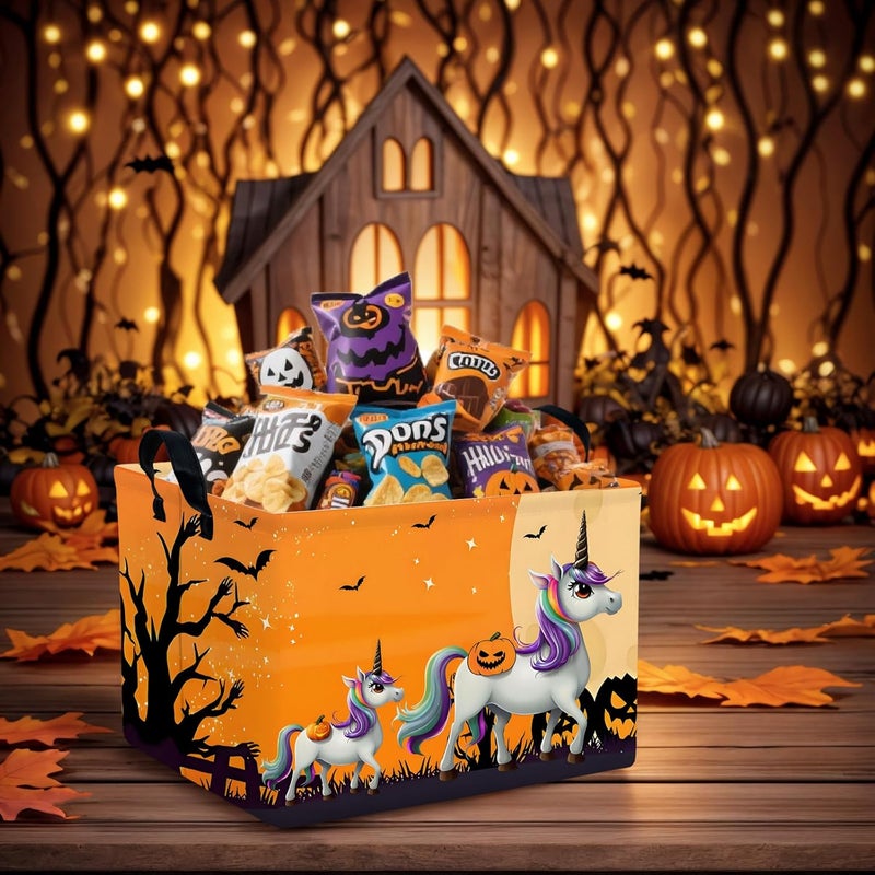 SETAMA Halloween Basket Gift Cute Pumpkin Ghost Parties Decor Kid Trick or Treat Basket for Boys and Girls Rectangular Storage Bin Box (Unicorn Bat) - Image 2