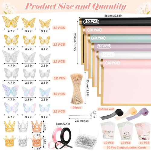 Tetutor 366 pcs Flower Bouquet Wrapping Paper,Waterproof Flower Floral Wrapping Paper Bouquet Sheets with Ribbons Pins 3D Butterflies and Crowns for Florist Wrap - Image 2