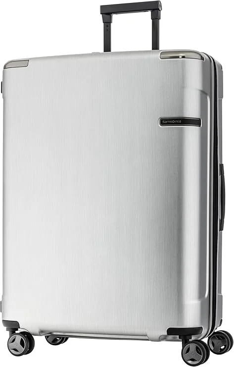 Evoa Suitcase Cabin Size 75 cm / 28 inch, 4 Spinner Wheels, Polycarbonate, Brushed Silver|Aero-Trac Suspension Wheels|TSA Lock|Divider Pad|Anti-Theft Secuirty Zipper|Expandable - 10 Years International Warranty