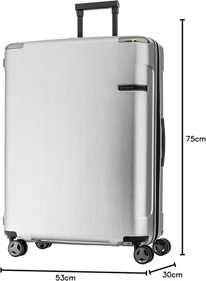 Samsonite 108/124 Evoa Suitcase Cabin Size 75 cm / 28 inch, 4 Spinner Wheels, Polycarbonate, Brushed Silver|Aero-Trac Suspension Wheels|TSA Lock|Divider Pad|Anti-Theft Secuirty Zipper|Expandable - 10 Years International Warranty Brushed Silver  | Best Price UAE
