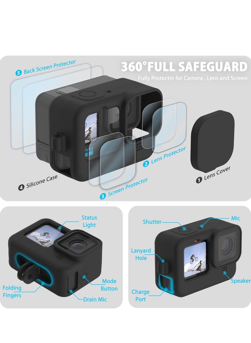 Silicone Sleeve Case for Go Pro Hero 11 /Hero 10 /Hero 9 Black, Battery Side Cover  Screen Protectors  Lens Caps  Lanyard for Go Pro Hero 11 /10 / 9 Accessories Kit  - Image 3
