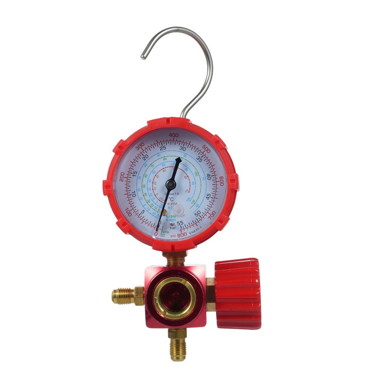 Single Manifold Gauge: Red Large Easy-to-Read Dial - Heavy-Duty Hook Enhanced Rubber Sleeve for R134A R22 R410A R404A Air Conditioning Refrigeration Systems - Image 1