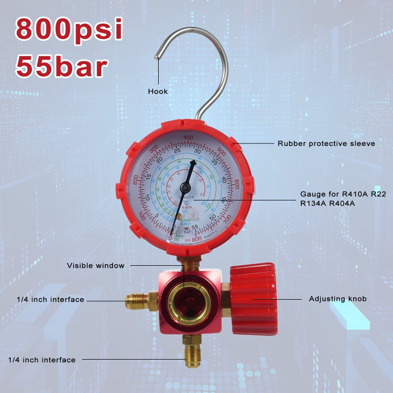 Single Manifold Gauge: Red Large Easy-to-Read Dial - Heavy-Duty Hook Enhanced Rubber Sleeve for R134A R22 R410A R404A Air Conditioning Refrigeration Systems - Image 4