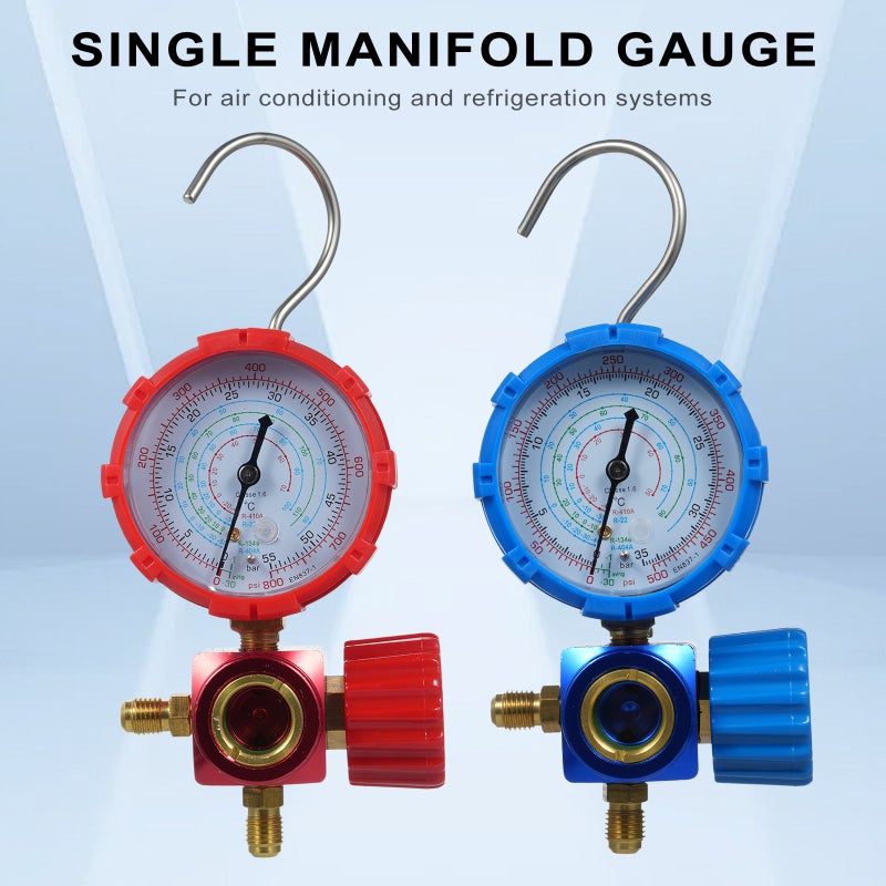 Single Manifold Gauge: Red Large Easy-to-Read Dial - Heavy-Duty Hook Enhanced Rubber Sleeve for R134A R22 R410A R404A Air Conditioning Refrigeration Systems - Image 3