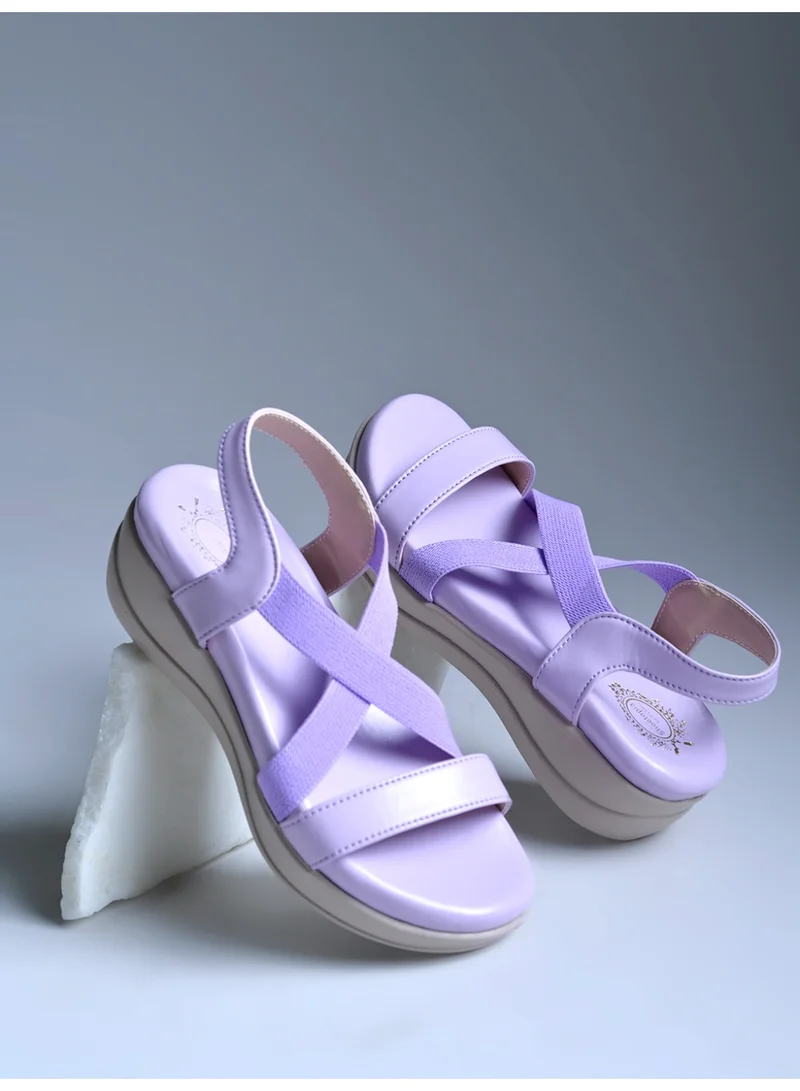 Shoetopia Shoetopia Women's Cross Mauve Strap Elastic Comfort Sandals - Lightweight & Casual Slip-On Summer Flats EU36