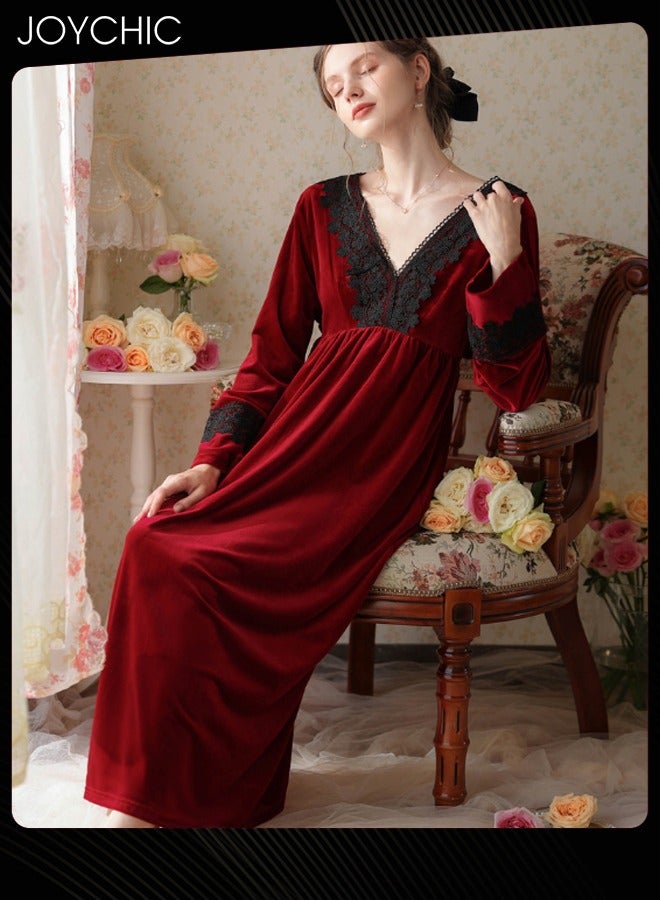 Joychic French Style Lace Collar Women Pajamas Autumn and Winter Long Nightgown Gold Velvet Fabric Thick Warm Loungewear Wine Red - Image 2
