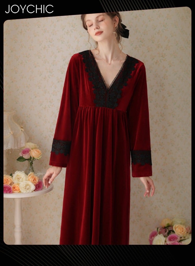 Joychic French Style Lace Collar Women Pajamas Autumn and Winter Long Nightgown Gold Velvet Fabric Thick Warm Loungewear Wine Red - Image 1